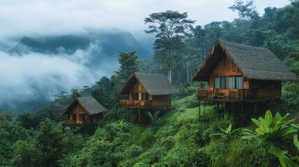 Obraz premium Wooden Cabins In Tropical Rainforest