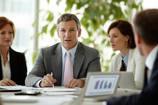 A group of business people in an office meeting, gathered around the table with laptops and notepads on it as one person is presenting data charts to them. professional collaboration during work.