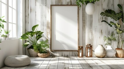 A bright room with plants, a large framed poster, and light-colored furniture.