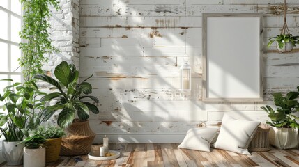A bright room with plants, a framed picture, and light-colored pillows on a wooden floor.