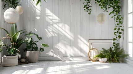 A bright, airy room with white walls, plants in pots, hanging vines, and light fixtures. Sunlight casts shadows.
