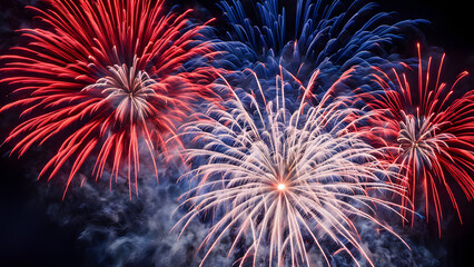A majestic array of red white and blue fireworks creating a patriotic scene in the night sky, Ai Generated