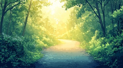 Obraz premium Sunlit Forest Pathway with Gentle Road Curves