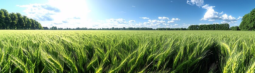Lush Green Wheat Field Under Sunny Sky Rural Landscape Agricultural Background