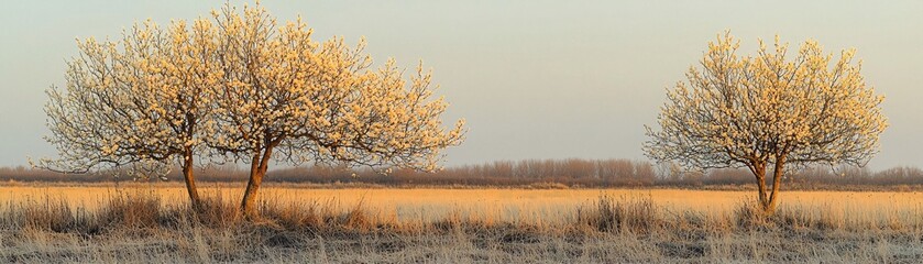 Fototapeta premium Two Blooming Trees in a Golden Field at Sunset