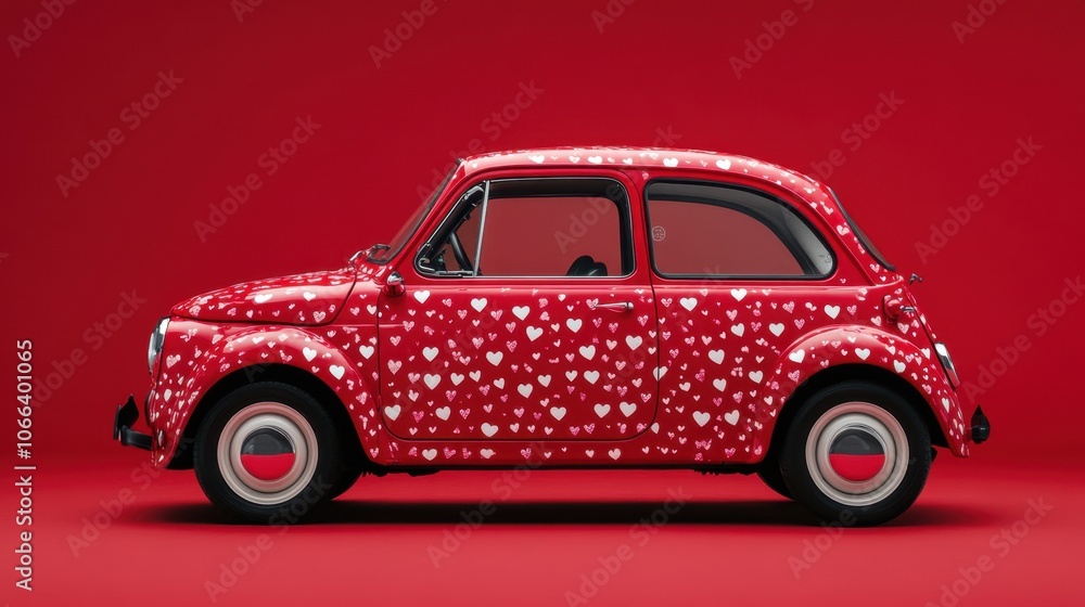 Poster red car with heart patterns on solid background
