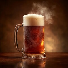 Classic Beer Mug: "A full glass beer mug with a thick, frothy head, surrounded by condensation droplets and a light mist of cool air. The background is a deep,