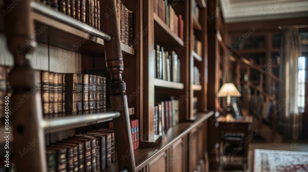 Poster wooden ladder is leaning on a bookshelf full of old books in a library, creating a warm and inviting