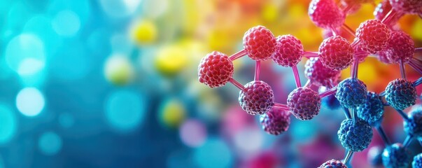 Abstract molecular structure of proteins in food, vibrant colors, scientific focus