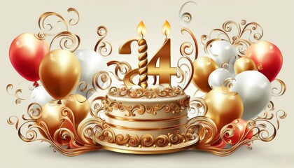 festive, elegantly decorated multi-layered cake with candles and the number 24 with colorful balls, in the light of sparkling gold pieces