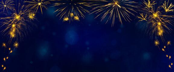 Golden fireworks burst on blue texture background with copy space