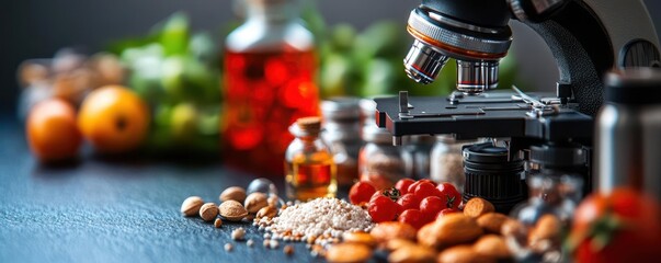 Microscope view of food molecules, chemical composition, focus on biochemistry