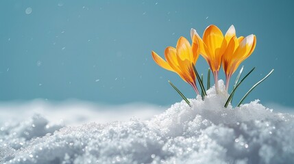 Bright orange-yellow crocus flowers in a snowdrift. Light blue background.