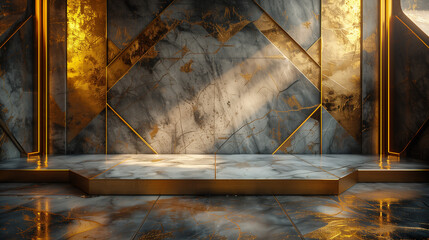 Luxurious brown marble stage with golden lines for product display	
