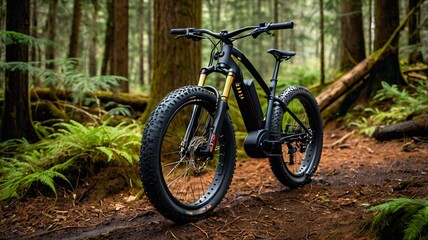 Electric Mountain Bike on rugged terrain, misty, earthy tones V4
