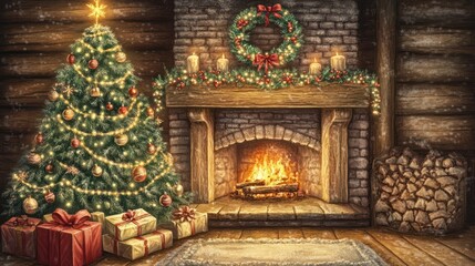 Fototapeta premium Christmas Tree with Decorations Near a Fireplace with Lights