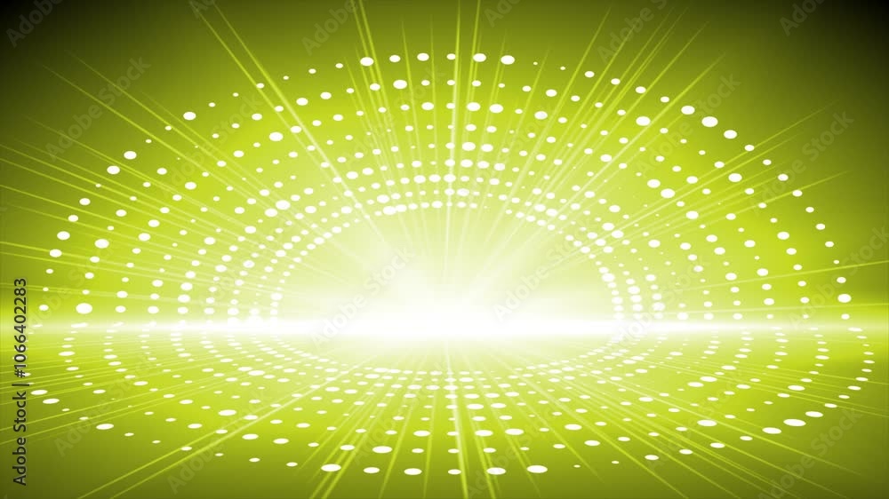 Poster yellow color rotating glowing optical flair light rays with 3d space and circular dots modern design