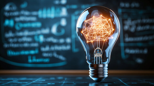 glowing network inside light bulb symbolizes innovation and technology, set against blurred background of mathematical equations - Powered by Adobe