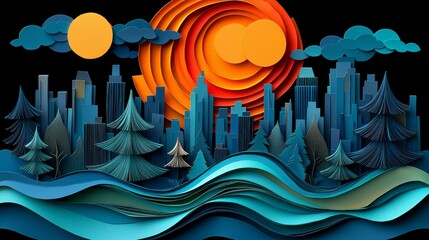 Obraz premium Festive New Year Paper Art with City and Nature Scene