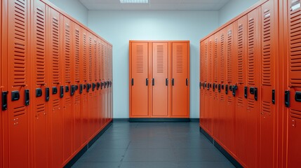 Fototapeta premium Bright Gym Locker Room with Orange Lockers and Lights