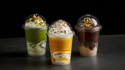  Vibrant Advertising Photo of Three Unique Smoothie Drinks in Transparent Cups with Cream and Toppings