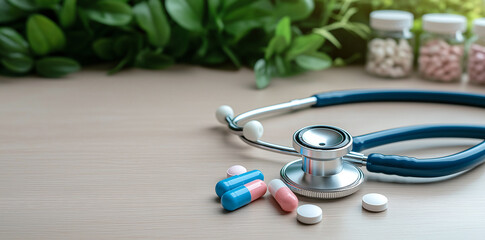 stethoscope and various medical pills are placed on wooden table, surrounded by green plants, creating serene and professional healthcare setting