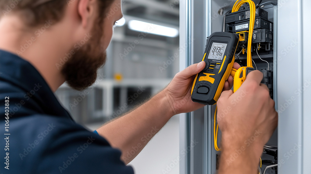 Poster technician is using electric meter to test voltage in electrical panel, ensuring safety and function