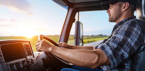 Naklejka premium truck driver in plaid shirt and cap drives confidently on rural road at sunset, showcasing dedication and focus required in trucking profession