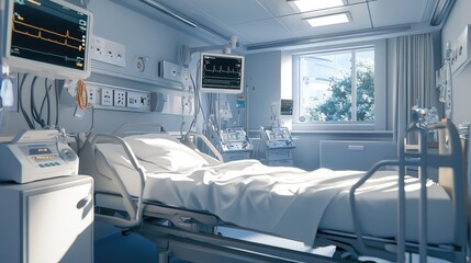 Clean Hospital Bed with White Sheets and Equipment