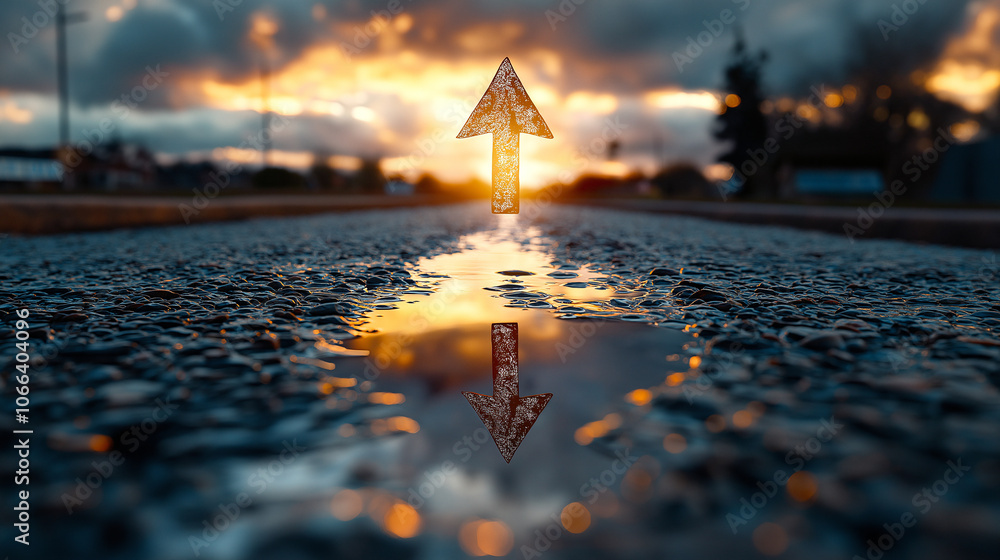 Poster reflective arrow on wet asphalt road points towards dramatic sunset, symbolizing direction and chang