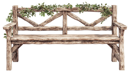 Obraz premium Enhance your outdoor space with a rustic wooden bench adorned with greenery for a charming and inviting atmosphere transparent background