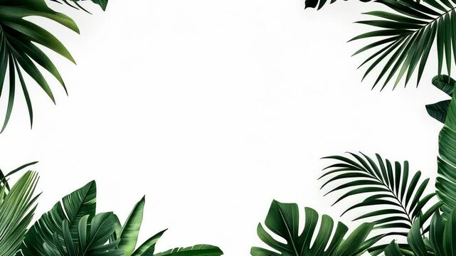 Green tropical leaves frame on white background
