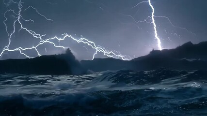 Intense lightning over dark ocean waves during a stormy night, casting dramatic light across the turbulent sea, ideal for nature visuals, weather scenes, and atmospheric backgrounds.