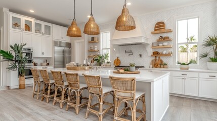 Modern kitchen with white cabinets, a large island with bar stools, and a view of a backyard.
