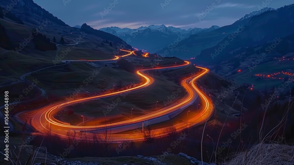 Poster the winding road through the mountains transforms into a canvas of light as cars create intricate pa