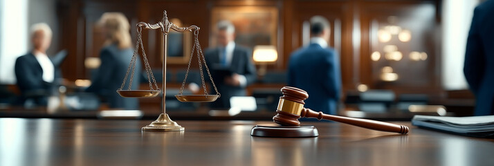 Naklejka premium close up of scale and wooden gavel on desk in courtroom setting, with blurred figures in background, symbolizing justice and legal proceedings