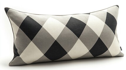 A black and white checkered throw pillow with a diamond pattern on a white background.