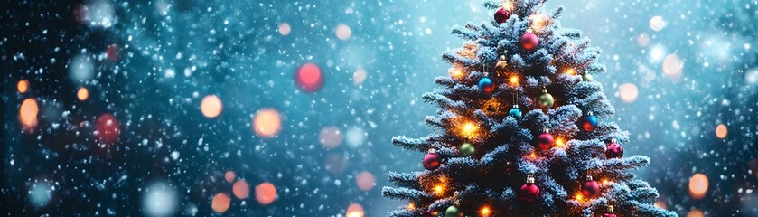 Obraz premium Decorated Christmas Tree with Snow Falling in Front of a Blurred Background