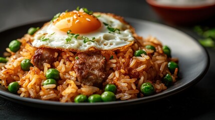 Fried Rice with Fried Egg and Peas on a Black Plate