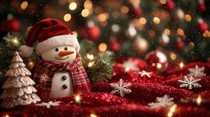 Festive Christmas scene with a smiling snowman, red Santa hat, plaid scarf, and holiday decorations featuring twinkling lights and ornaments.
