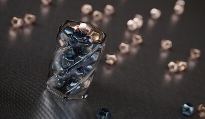 Dodecahedron objects in a twisted glass and on the ground 3D computer generated image