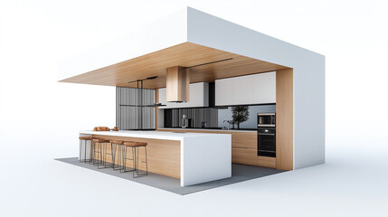 Modern kitchen interior design with white and wood theme, featuring sleek island and bar stools. minimalist style and open layout create spacious and inviting atmosphere