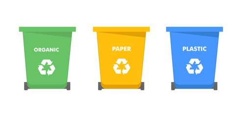 Recycle bins for organic, paper, plastic. Vector icons in flat style. Vector illustration