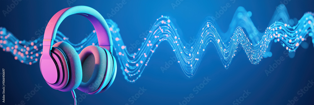 Poster high tech headset with vibrant sound waves in background, creating excitement