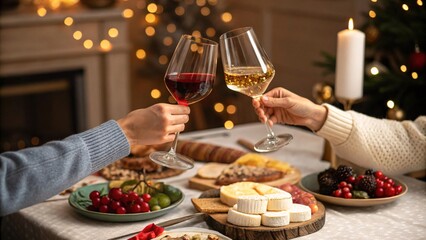 Elegant Dinner Party with red and white wine, bokeh lights, romance V13