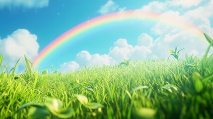 Naklejka premium a bright, realistic rainbow, over vibrant green grass with a beautiful blue