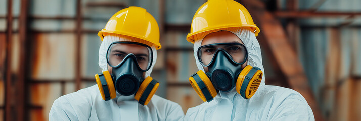 Two workers in protective suits and yellow helmets stand confidently in industrial setting, wearing gas masks for safety. Their serious expressions highlight importance of their task