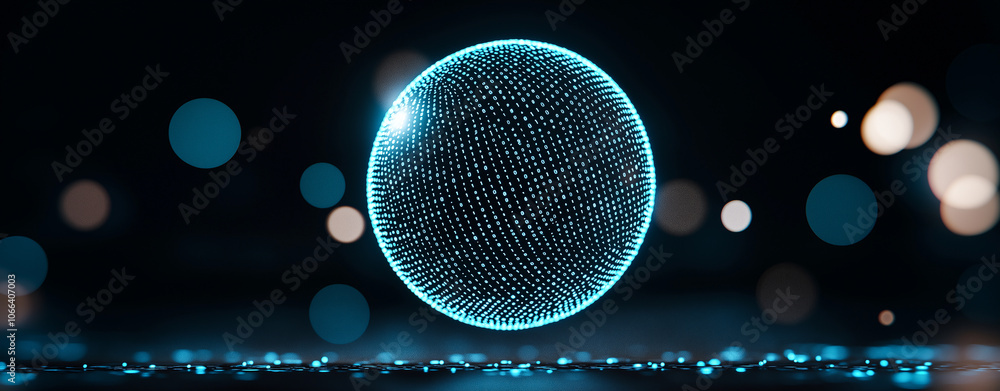 Poster glowing abstract sphere composed of numerous small lights floats in dark space, creating futuristic 