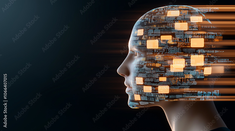 Poster digital human head composed of circuits and glowing elements symbolizes fusion of technology and hum