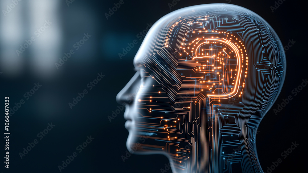 Poster digital human head with circuit patterns symbolizes artificial intelligence and technology. glowing 